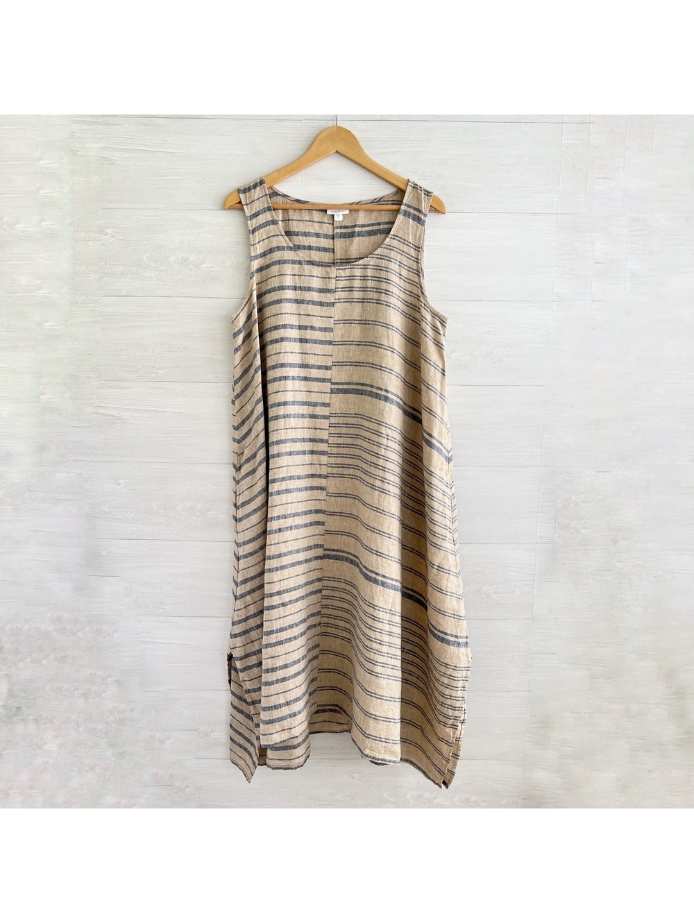 J.Jill Pure Jill Linen Mixed Stripe Dipped Hem Midi Dress L Pockets Coastal